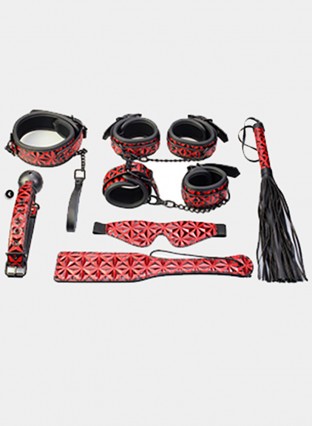 7Pcs/set RED Sex Bondage Set For Adults Couples Porno Sex cuffs Nipple Clamps Whip gag bdsm Sex Collar mask Erotic Toys 